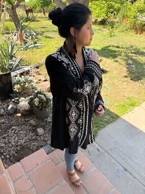 Johnny Was Black Cardigan with White Embroidered Geometric Detail XL